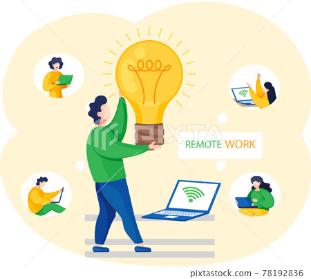 Remote work, video conferencing application. Man with ligth bulb in office communicates via internet Remote work, video conferencing application. Man with ligth bulb in office communicates via internet 78192836