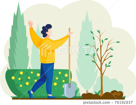 Man with shovel digging hole illustration. Gardener buries seedling in ground for planting trees Man with shovel digging hole illustration. Gardener buries seedling in ground for planting trees 78192837