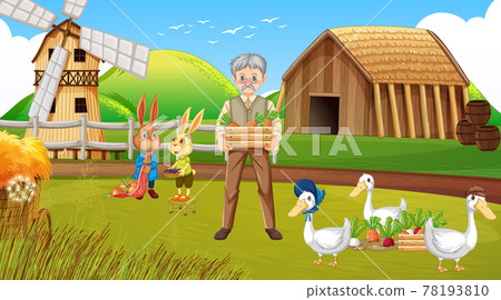 Farm scene with old farmer man and farm animals - Stock Illustration ...