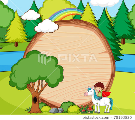 Empty wooden banner in the forest scene with fairy tale cartoon character and elements 78193820