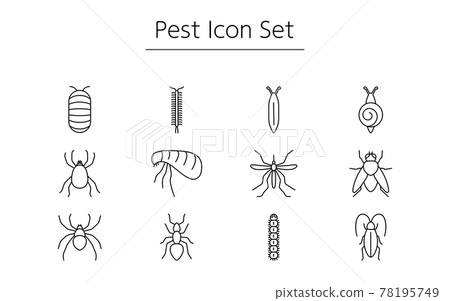 Simple icon set of unpleasant pests, cockroaches, mites, mosquitoes, flies, spiders, etc. 78195749