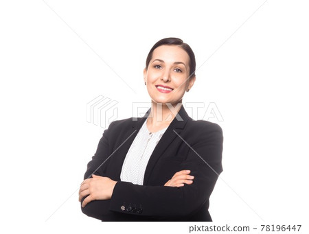 Typical caucasian adult businesswoman, waist up shot, isolated on white. Attractive friendly smiling woman in formal suit, Manager, teacher, interpreter or speaker. Typical caucasian adult businesswoman, waist up shot, isolated on white. Attractive friendly smiling woman in formal suit, Manager, teacher, interpreter or speaker. 78196447