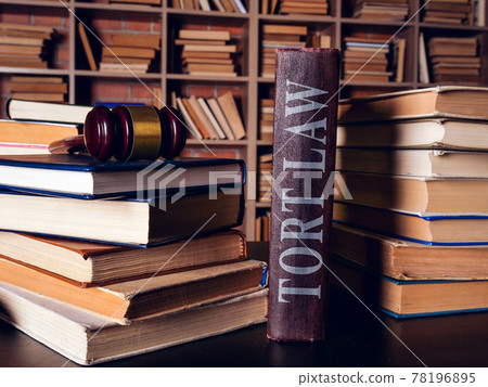 Heap of books and Tort law with gavel. 78196895