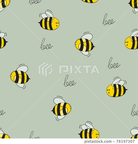 Seamless pattern with bees on color background. Small wasp. Vector illustration. Adorable cartoon character. Template design for invitation, cards, textile, fabric. Doodle style 78197307