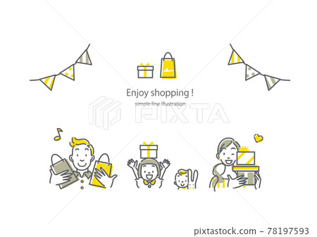 購物很滿意的一家人 簡約時尚的線條藝術插畫素材 購物很滿意的一家人 簡約時尚的線條藝術插畫素材 78197593