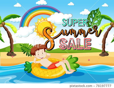 Super Summer Sale banner with a happy boy at the beach 78197777