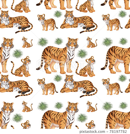 Seamless pattern with wild tiger in many poses on white background 78197782