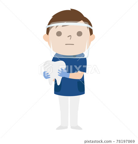 Illustration of a male dentist. A man wearing a face shield to prevent infection. 78197869