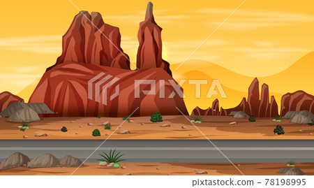 Desert forest landscape at night scene with long road Desert forest landscape at night scene with long road 78198995