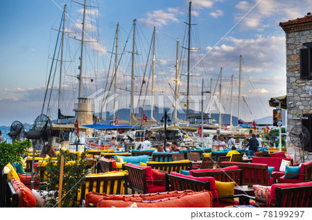 View of the Ships with masts from the sofa of the cafe in the Bay of Marmaris.Turkey View of the Ships with masts from the sofa of the cafe in the Bay of Marmaris.Turkey 78199297