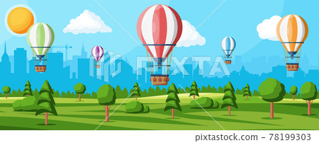 Hot air balloon in the sky with clouds and sun Hot air balloon in the sky with clouds and sun 78199303