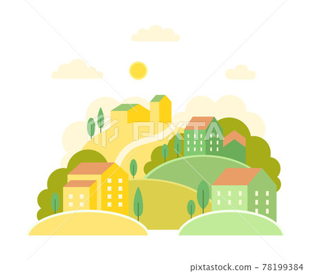 Local Landscape with Urban Houses, Hills and Trees as Cozy Scenery of Neighborhood Vector Illustration 78199384