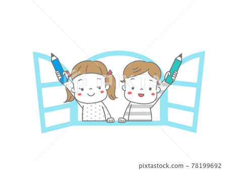 Boys and girls with pencils leaning out of the window Color Boys and girls with pencils leaning out of the window Color 78199692