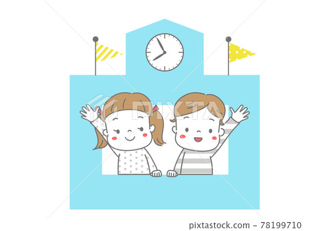 男孩和女孩從學校大樓的窗戶裡揮手致意 78199710