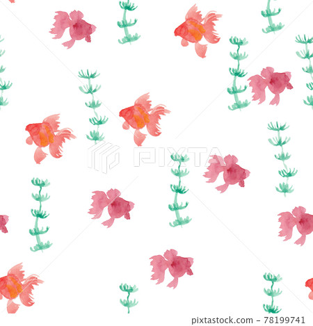 Watercolor illustration of goldfish and aquatic plants Seamless pattern 78199741