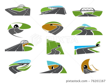 Pathway, highway road icons with bridge and tunnel Pathway, highway road icons with bridge and tunnel 78201167