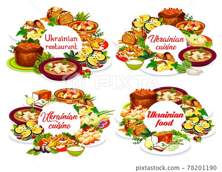 Ukrainian cuisine vector round frames, banners set Ukrainian cuisine vector round frames, banners set 78201190