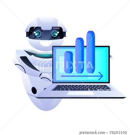 robot chatbot assistant analyzing financial statistic data on laptop screen artificial intelligence technology 78201530