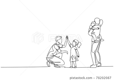 One single line drawing of young dad giving high five to his daughter while mom carrying sleepy son at home vector illustration. Happy family parenting concept. Modern continuous line draw design 78202087
