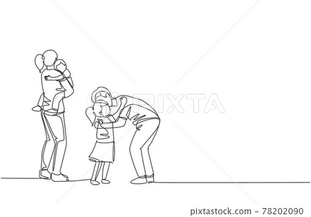 One continuous line drawing of young father hugging his daughter before go to the office while mother carrying son at home. Happy family parenting concept. Single line draw design vector illustration 78202090