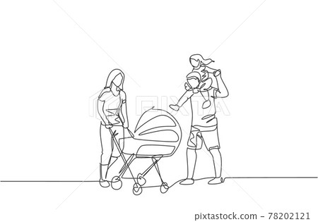One continuous line drawing of young mother pushing baby stroller at park while father carrying his son on shoulder. Happy family parenting concept. Dynamic single line draw design vector illustration One continuous line drawing of young mother pushing baby stroller at park while father carrying his son on shoulder. Happy family parenting concept. Dynamic single line draw design vector illustration 78202121