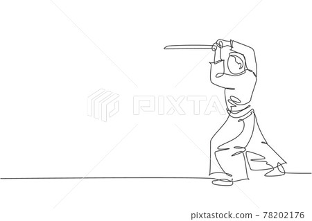 One single line drawing of young energetic man wearing kimono exercise aikido technique with wood sword in sport hall vector illustration. Healthy lifestyle sport concept. Continuous line draw design 78202176