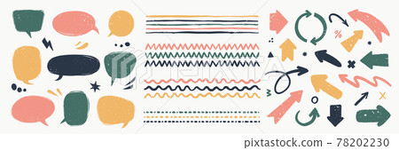 Abstract vector arrows, bubbles, and strokes. Various doodle elements for presentations and infographics with grunge texture. Hand-drawn abstract vintage infographic Vector collection. 78202230