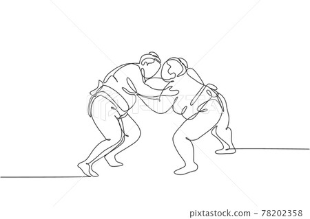 One single line drawing of two young overweight Japanese sumo man fighting at arena competition vector illustration. Traditional rikishi combative sport concept. Modern continuous line draw design 78202358