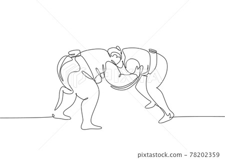 One continuous line drawing of two young big Japanese rikishi men prepare to fight at festival tournament. Traditional sumo sport concept. Dynamic single line draw design vector graphic illustration One continuous line drawing of two young big Japanese rikishi men prepare to fight at festival tournament. Traditional sumo sport concept. Dynamic single line draw design vector graphic illustration 78202359