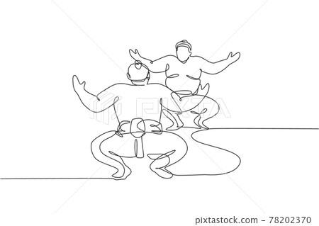 One continuous line drawing of two young big Japanese rikishi men prepare to fight at festival tournament. Traditional sumo sport concept. Dynamic single line draw design vector graphic illustration 78202370