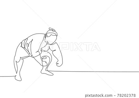 One single line drawing of young overweight Japanese sumo man ready to fight at arena competition vector illustration. Traditional rikishi combative sport concept. Modern continuous line draw design One single line drawing of young overweight Japanese sumo man ready to fight at arena competition vector illustration. Traditional rikishi combative sport concept. Modern continuous line draw design 78202378