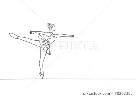 One continuous line drawing of young graceful woman ballet dancer perform beauty classic dance at stage of opera house. Ballet performance concept. Dynamic single line draw design vector illustration 78202393