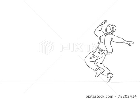 Single continuous line drawing of young energetic hip-hop dancer woman on hoodie practice break dancing in street. Urban generation lifestyle concept. Trendy one line draw design vector illustration Single continuous line drawing of young energetic hip-hop dancer woman on hoodie practice break dancing in street. Urban generation lifestyle concept. Trendy one line draw design vector illustration 78202414