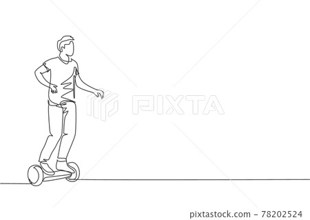 Single continuous line drawing of young happy man riding hoverboard at public area. Eco friendly gyroscooter transportation. Urban lifestyle concept. Trendy one line draw design vector illustration Single continuous line drawing of young happy man riding hoverboard at public area. Eco friendly gyroscooter transportation. Urban lifestyle concept. Trendy one line draw design vector illustration 78202524