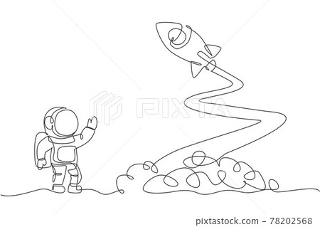 One continuous line drawing of spaceman astronaut science on moon waving hand to launching rocket. Cosmonaut exploration of outer space concept. Dynamic single line draw design vector illustration One continuous line drawing of spaceman astronaut science on moon waving hand to launching rocket. Cosmonaut exploration of outer space concept. Dynamic single line draw design vector illustration 78202568