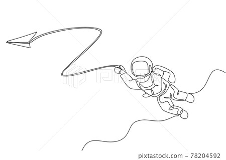 One single line drawing space man astronaut exploring cosmic galaxy, playing with paper plane graphic vector illustration. Fantasy outer space life fiction concept. Modern continuous line draw design 78204592