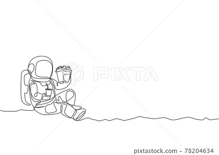 Single continuous line drawing of spaceman sitting relax on moon surface while eating french fries and drinking soft soda. Outer space life concept. Trendy one line draw design vector illustration 78204634