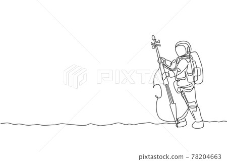 One single line drawing of spaceman cellist playing cello musical instrument on moon surface vector illustration. Music concert poster with space astronaut concept. Modern continuous line draw design 78204663