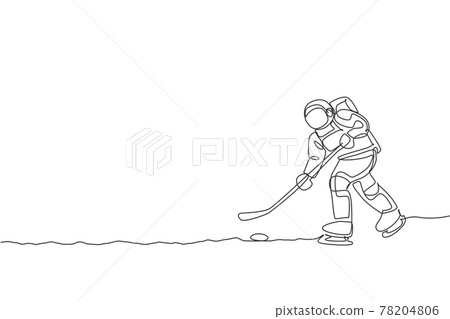 One single line drawing spaceman astronaut practicing ice hockey in cosmic galaxy vector graphic illustration. Healthy outer space cosmonaut lifestyle sport concept. Modern continuous line draw design 78204806