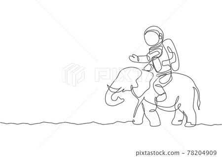 One continuous line drawing of cosmonaut with spacesuit riding Aisan elephant, wild animal in moon surface. Astronaut zoo safari journey concept. Trendy single line draw design vector illustration 78204909