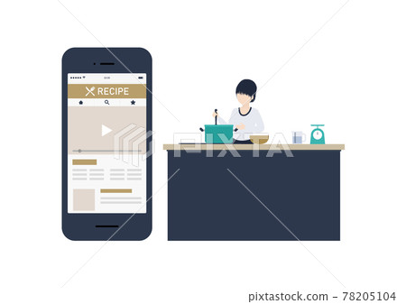 Illustration material of a Japanese woman cooking while looking at the recipe site 78205104