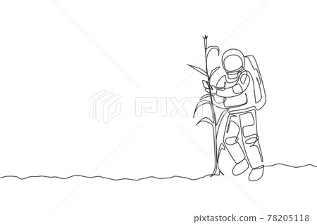 One single line drawing of astronaut picking corn from plant in moon surface vector illustration. Outer space farming harvest concept. Modern continuous line draw design graphic One single line drawing of astronaut picking corn from plant in moon surface vector illustration. Outer space farming harvest concept. Modern continuous line draw design graphic 78205118
