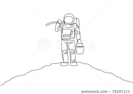 Single continuous line drawing of cosmonaut carrying bucket and hoe on shoulder while standing in moon surface. Galaxy astronaut farming life concept. Trendy one line draw design vector illustration Single continuous line drawing of cosmonaut carrying bucket and hoe on shoulder while standing in moon surface. Galaxy astronaut farming life concept. Trendy one line draw design vector illustration 78205123