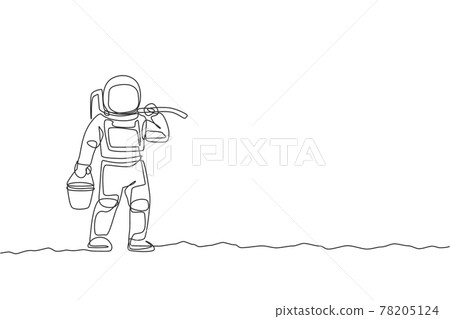 One continuous line drawing of spaceman carrying bucket and hoe on shoulder while walking in moon surface. Deep space farming astronaut concept. Dynamic single line draw design vector illustration One continuous line drawing of spaceman carrying bucket and hoe on shoulder while walking in moon surface. Deep space farming astronaut concept. Dynamic single line draw design vector illustration 78205124