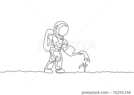 One continuous line drawing of spaceman watering plant tree using metal watering can in moon surface. Deep space farming astronaut concept. Dynamic single line draw graphic design vector illustration One continuous line drawing of spaceman watering plant tree using metal watering can in moon surface. Deep space farming astronaut concept. Dynamic single line draw graphic design vector illustration 78205146