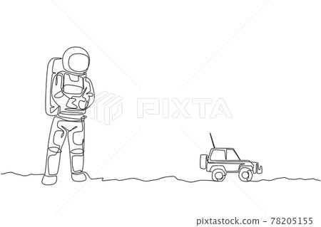 One single line drawing of astronaut playing car radio control in moon land vector graphic illustration. Doing hobby while leisure time in deep space concept. Modern continuous line draw design One single line drawing of astronaut playing car radio control in moon land vector graphic illustration. Doing hobby while leisure time in deep space concept. Modern continuous line draw design 78205155
