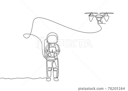 One single line drawing astronaut playing drone plane radio control in moon land graphic vector illustration. Doing hobby while leisure time in deep space concept. Modern continuous line draw design 78205164