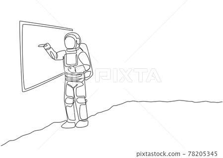 One continuous line drawing of young astronaut explaining formula and writing on whiteboard in moon surface. Cosmic galaxy space concept. Dynamic single line draw graphic design vector illustration 78205345