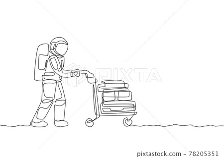 Single continuous line drawing of young astronaut pushing luggage trolley with bags and suitcase in moon surface. Cosmonaut outer space concept. Trendy one line draw graphic design vector illustration 78205351