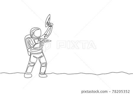 One continuous line drawing of young astronaut shoot using space laser gun to kill enemy in moon surface. Cosmic galaxy space concept. Dynamic single line draw graphic design vector illustration 78205352